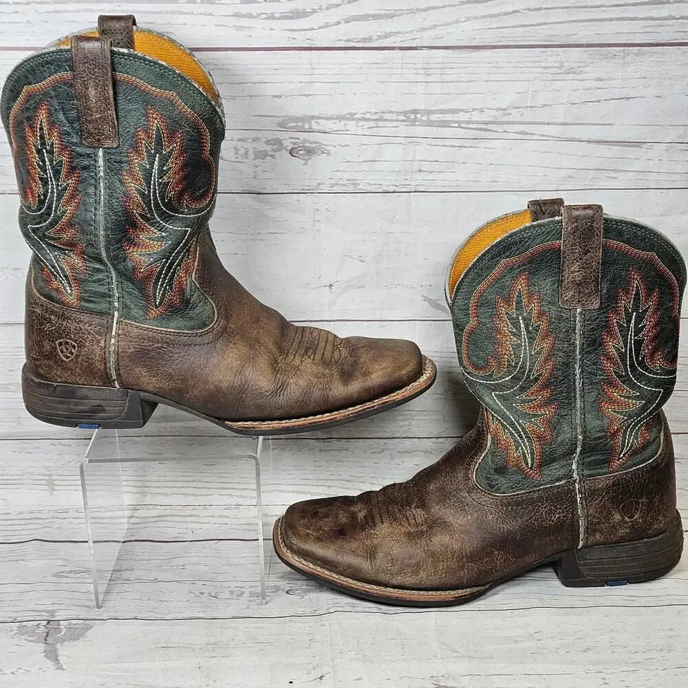 ARIAT Western Boots Brown Green US 4 Leather Embroidered Square Toe 10047010